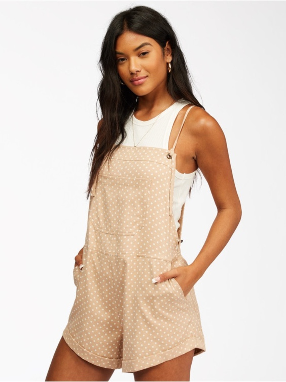 Billabong Beige Polka Dot Short Overalls Romper